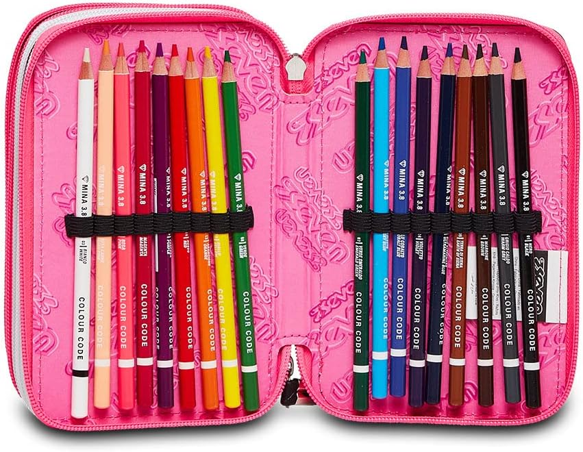 Seven Pencil Case, Multicoloured, Pencil Case for Stationery, Case with Pens, Ballpoint Pens, & More, 3 Compartments, Girls & Boys, School - Elementary School, XXL, Streetpaint Girl, black, School