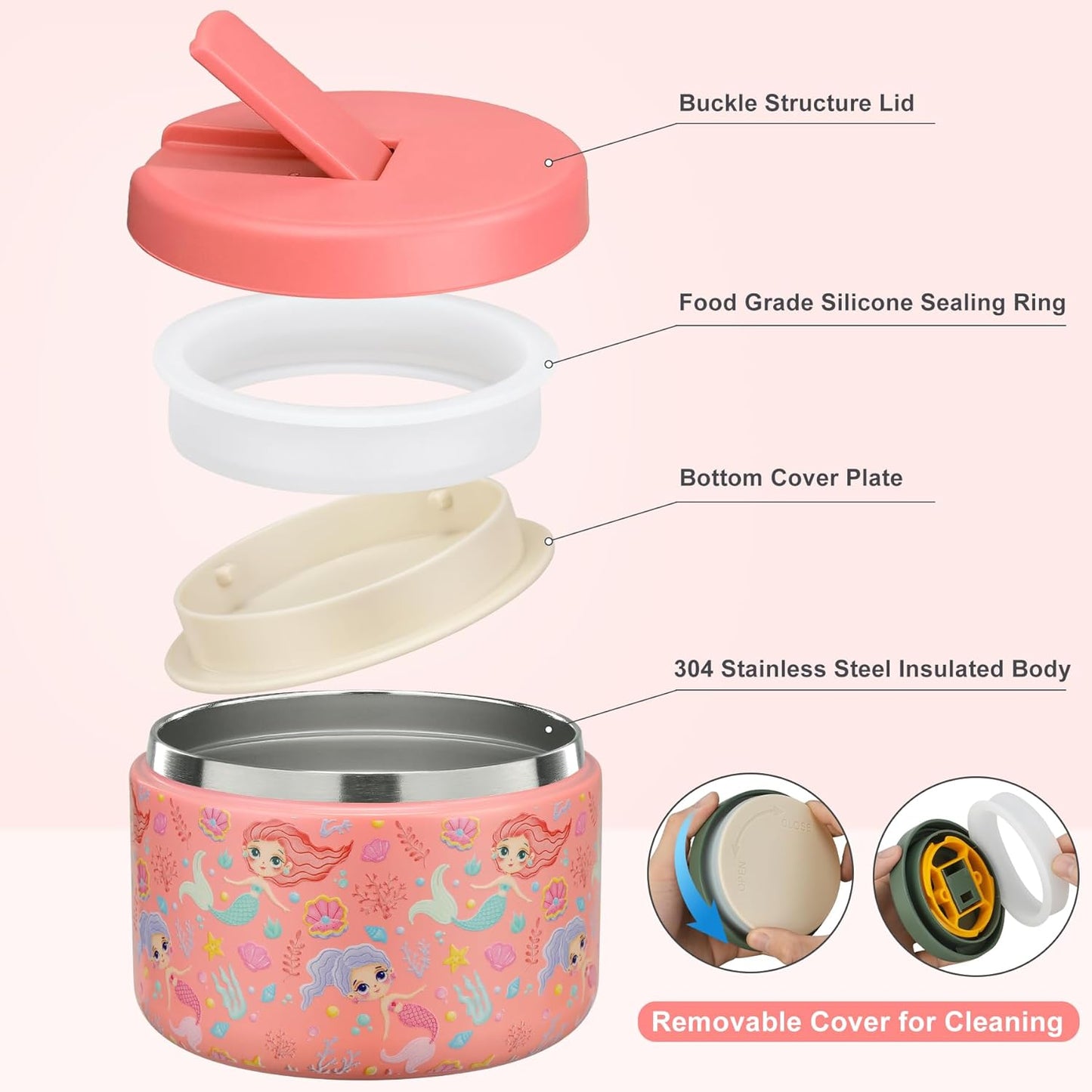 Itslife Thermal Food Container, 350 ml, Stainless Steel Warming Container, Children's Leak-proof Lunch Container with Buckle Cover, Wide Neck, Insulation, Suitable for Cold and Hot Food, Pink Mermaid