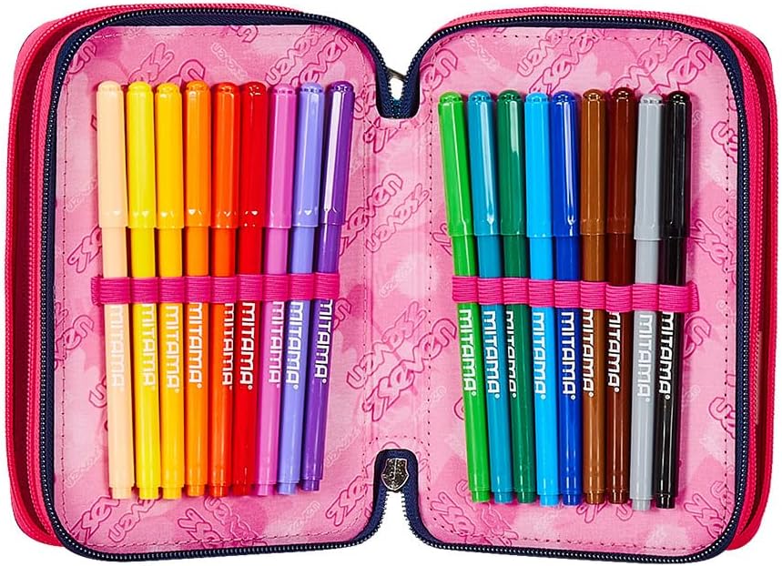 Seven Pencil Case with 3 Compartments Purple Triple Compartment Complete with Pencils, Felt Tip Pens, Colours, Accessories Backpack, Primary School, Medium, Top, Girls and Girls, Purple, Taglia