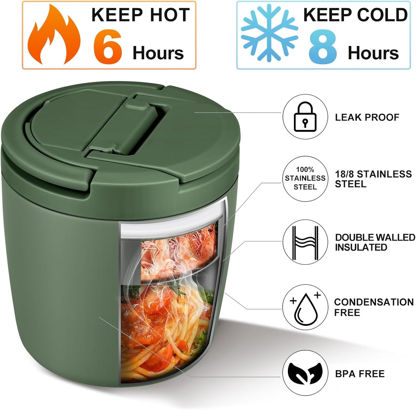 Thermal Food Container, 1400 ml, Stainless Steel Thermal Bowl with Lid, Thermal Lunch Box with Buckle Lid and Spoon, Food Warming Container, Leak-Proof for Soups, Porridge, Baby Porridge, Green