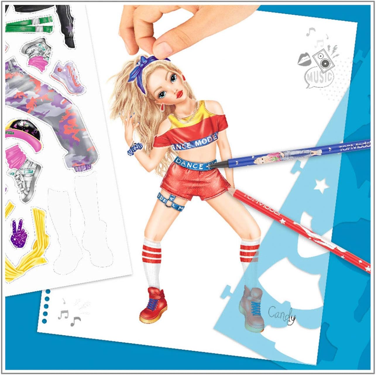 Depesche TOPModel 11453 Colouring Book Dance, Cool Dance Outfits to Design Yourself, 30 Pre-Drawn Figures, 3 Stencils, 2 Sticker Sheets and 8 Fabric Prints for Cutting Out