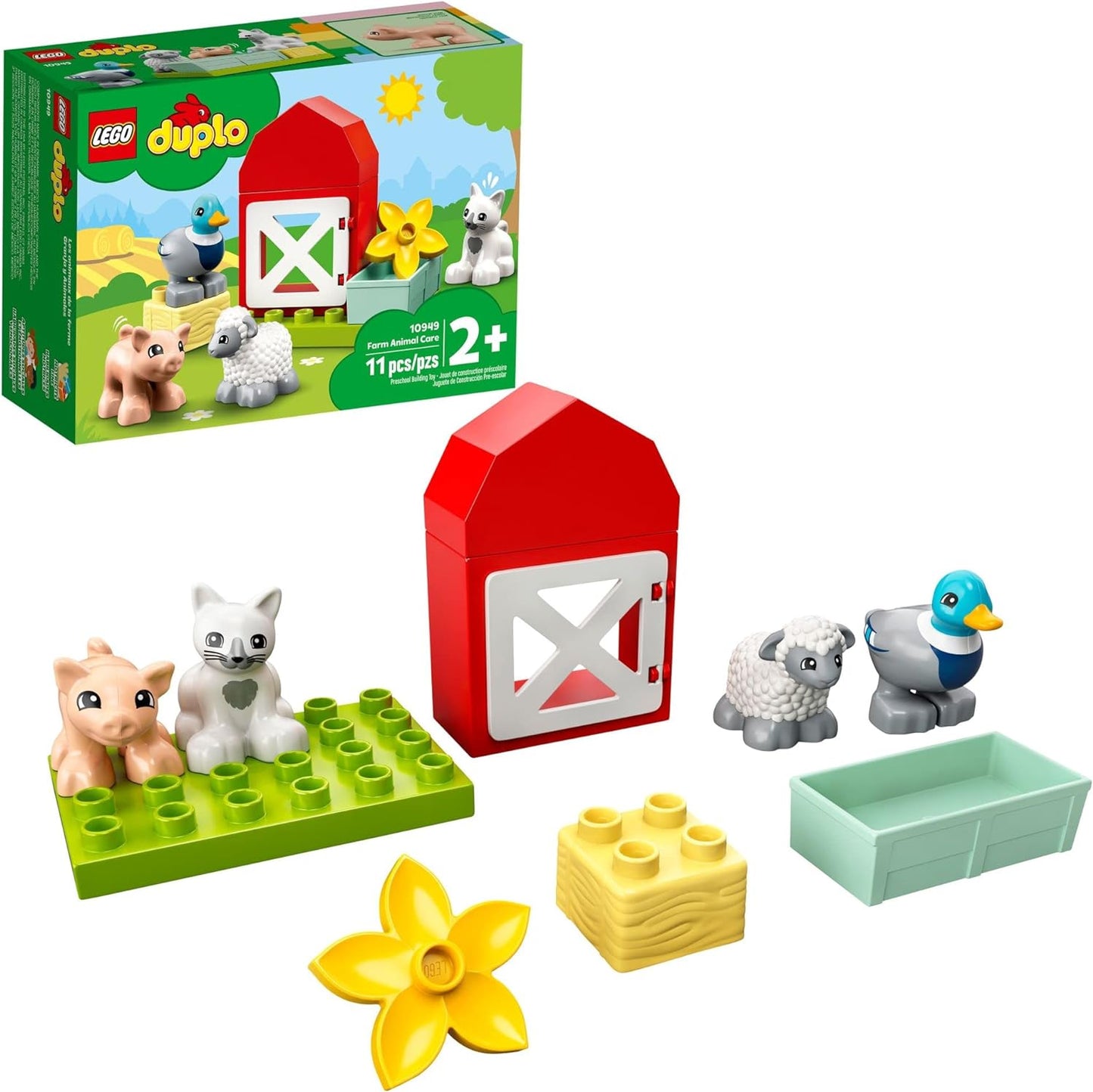 LEGO DUPLO Town Farm Animal Care 10949 Imaginative Build-and-Play Toy for Toddlers; Buildable Farm Playset with 4 Animal Figures - a Duck Toy, Cat Figure, Pig Toy and Sheep Toy, New 2021 (11 Pieces)