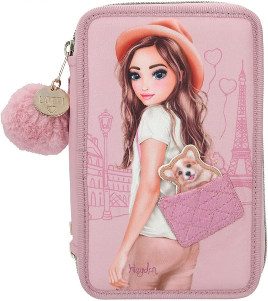 Depesche 12001 TOPModel Corgi - Filled 3-Compartment Pencil Case in Pink with Model Motif and Small Corgi, Pencil Case with Colouring Pencils, Ruler, Scissors and Much More, Pink, playful