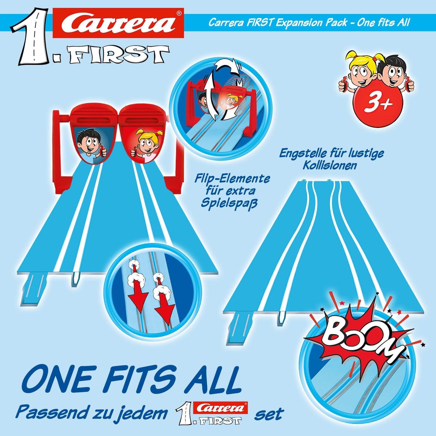 Carrera First Expansion Pack One Fits All | 5-Piece Racing Track Accessories | 1x Straight, 1x Narrow Point, 1x Flip Element Including Sticker, 2x Supports | Carrera Track Extension from 3 Years | 70