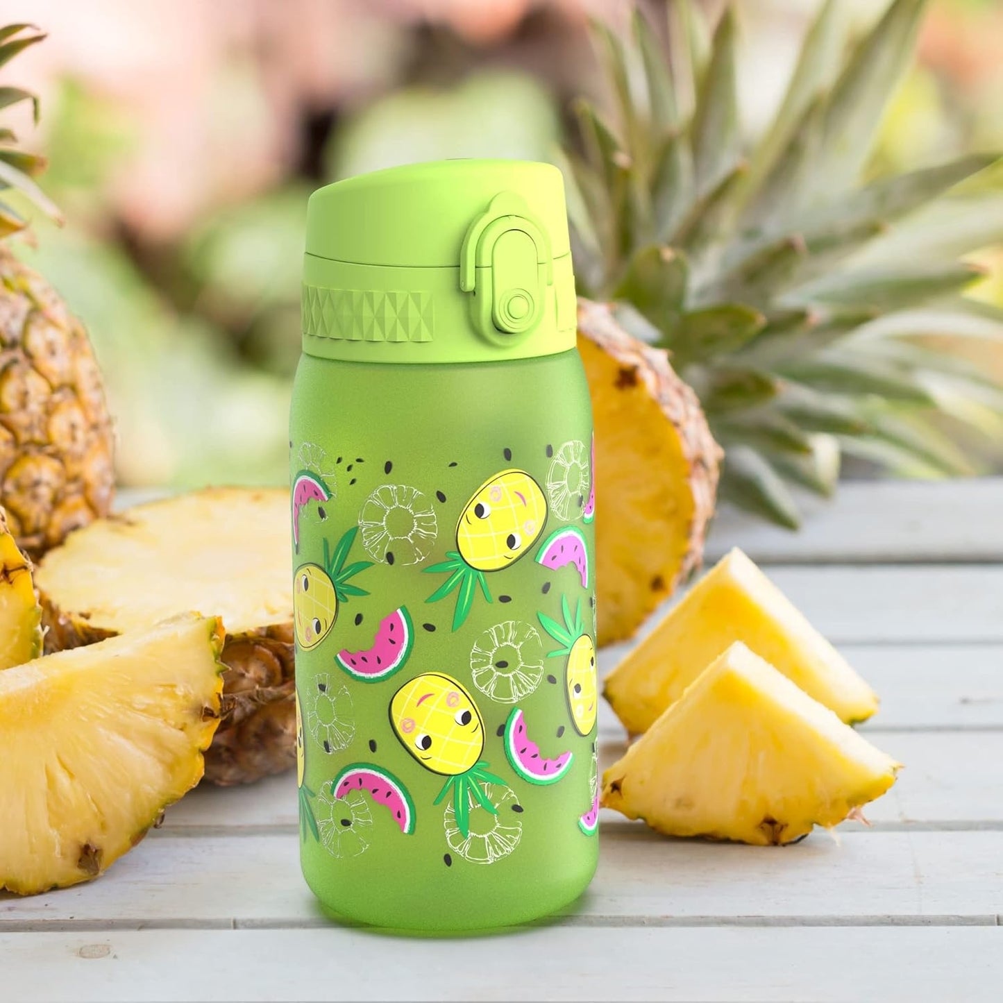 Ion8 Children's Water Bottle, 350 ml, Leak-Proof, One-Handed Opening, Secure Locking, Dishwasher Safe, BPA-Free, Carry Handle, Flip Lid, Easy to Clean, Climate Neutral, Pineapple Design