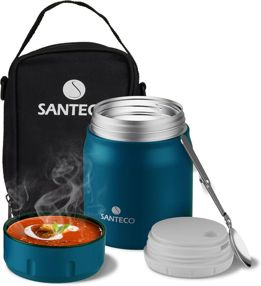 SANTECO Thermal Food Container 500 ml, 18/8 Stainless Steel Warming Container, Food Container for Food, Thermal Mug Food with Spoon and Portable Bag, Hot for 12 Hours & Hours Cold (Blue)