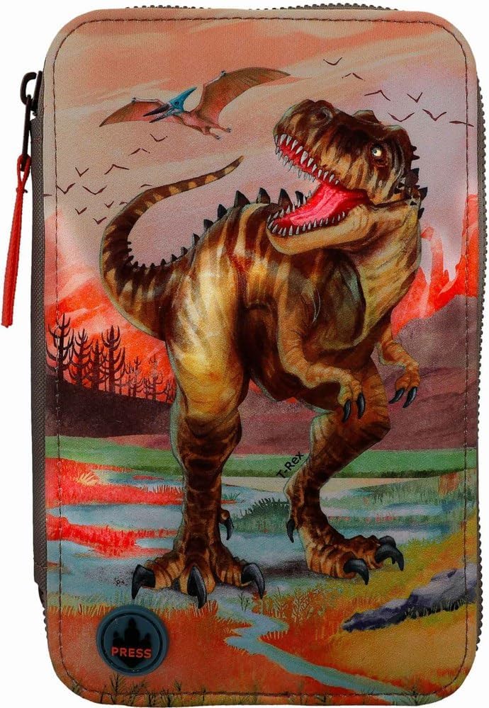 Dino World 12381 3-Compartment Pencil Case LED Khaki Brown, black