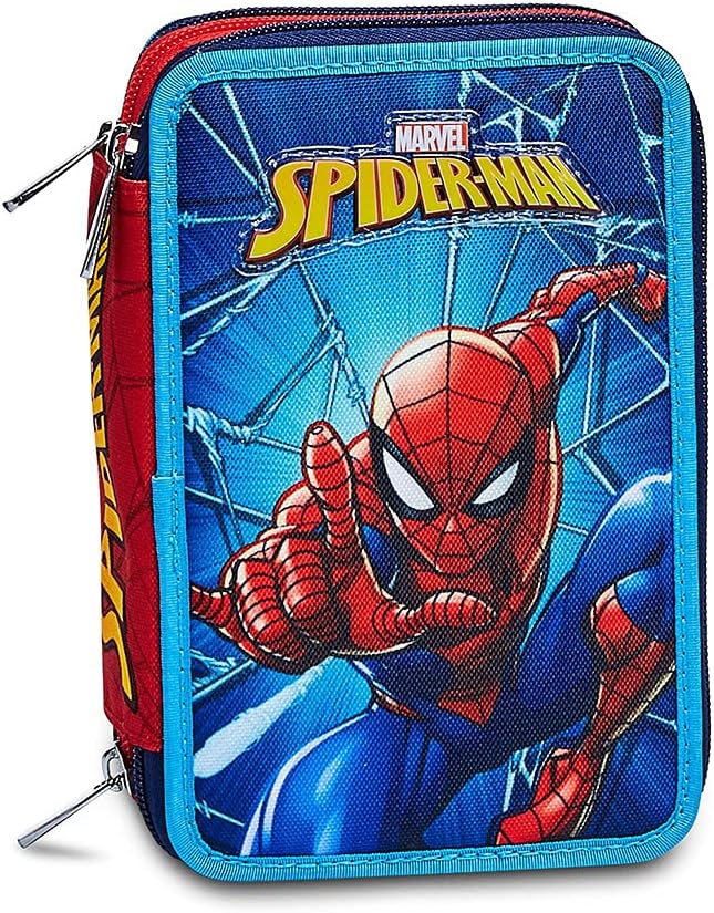 Seven Pencil Case, Multicoloured, Sustainable Fabric, Pencil Case for Stationery, with Pens, Ballpoint Pen & More, 3 Compartments, Girls & Boys, School & Primary School, XXL Spiderman Marvel, blue,