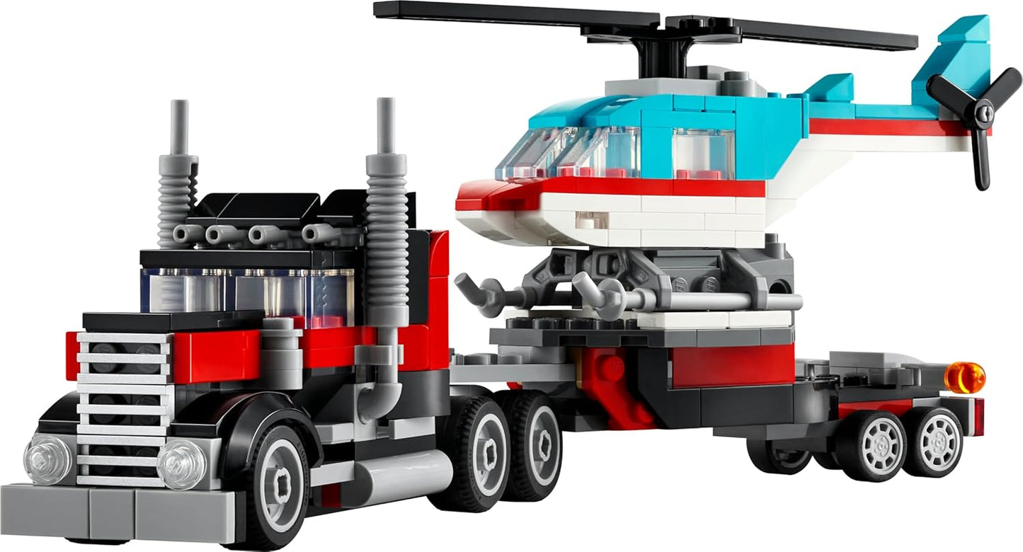 LEGO Creator 3-in-1 Low Loader with Helicopter, Vehicle Set with Helicopter and Truck Toy, Plane and Tank Truck, Hot Rod and SUV, Gift for 7 Year-Old Boys and Girls, 31146