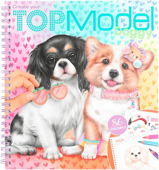 Depesche 12164 TOPModel Create your Doggy Colouring and Sticker Book with 40 Designs for Designing Cute Dogs, Colouring Book Sticker Sheet Spiral Bound, Multi-Coloured