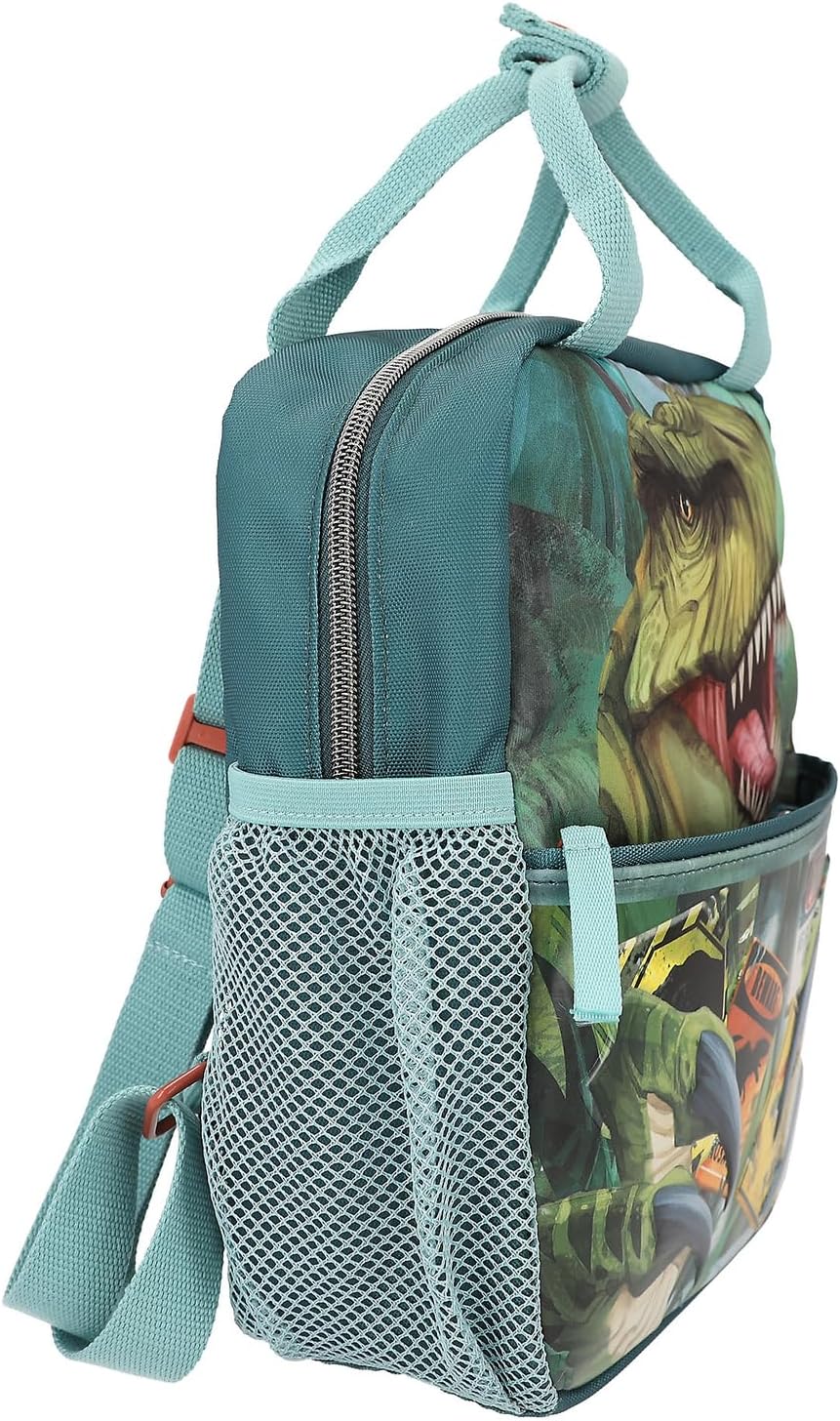 Depesche 11778 Dino World Danger Backpack for Children in Dark Green with Trex Motif, Bag with Adjustable Straps and Side Pockets