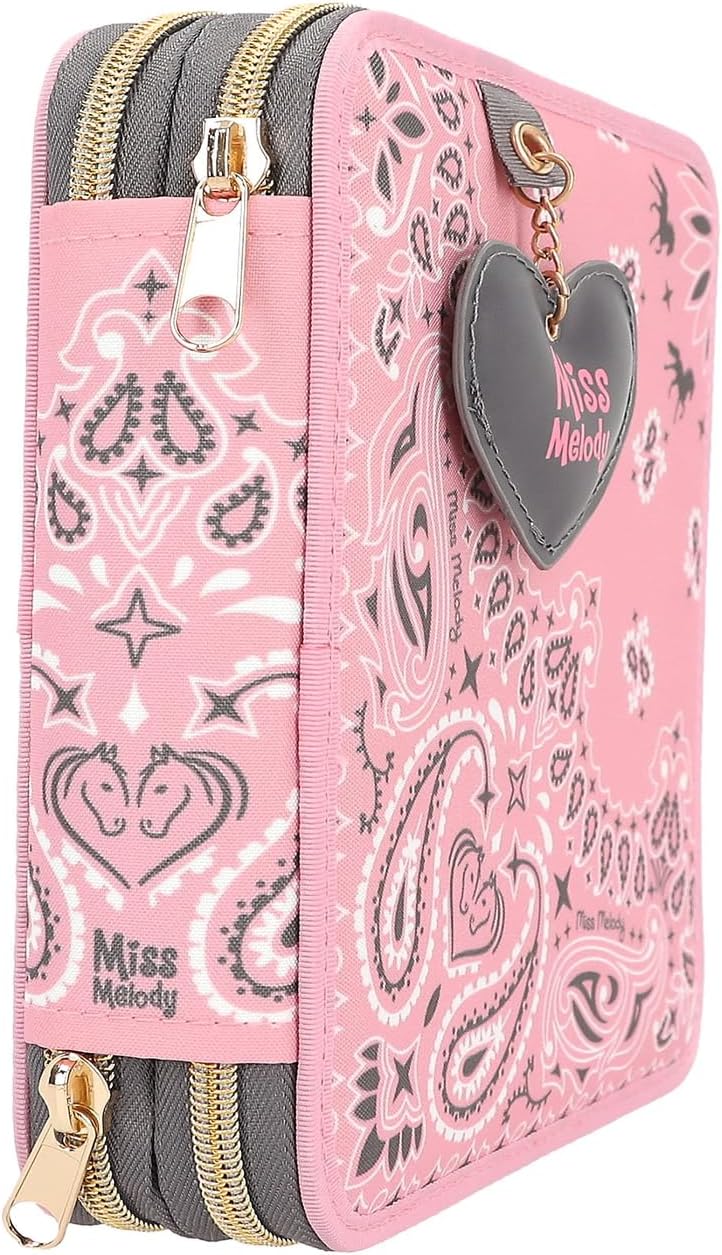 Depesche 12766 Miss Melody Bandana - Filled 2-Compartment Pencil Case with Bandana Pattern, Pink Pencil Case with Colouring Pencils, Ruler, Scissors and much more