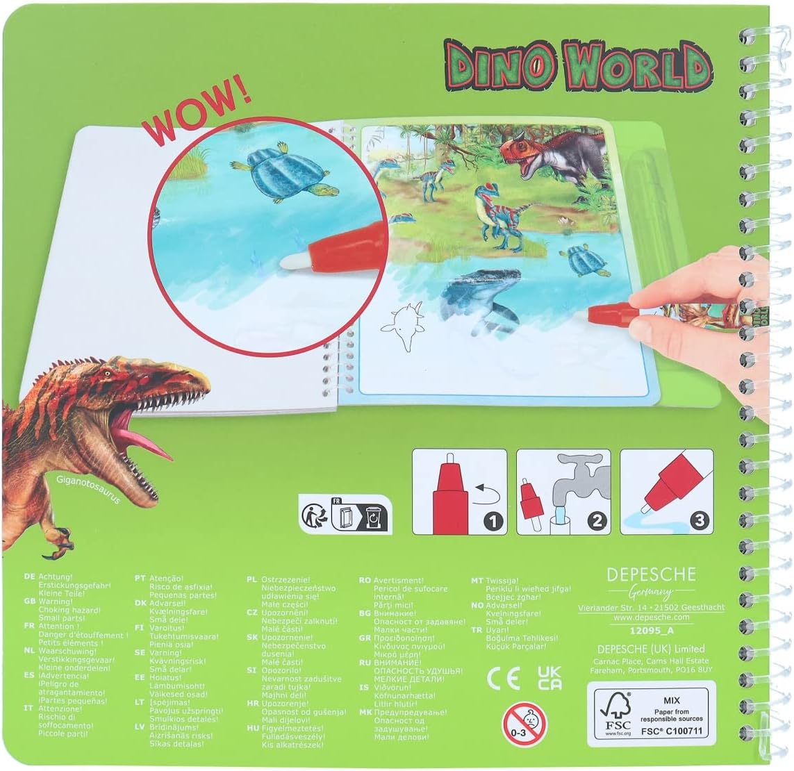 Depesche 12095 Dino World Aqua Magic Book - Colouring Book with Hidden Dinosaur Motifs, Creative Book with 5 Repaintable Pages and a Water Pen