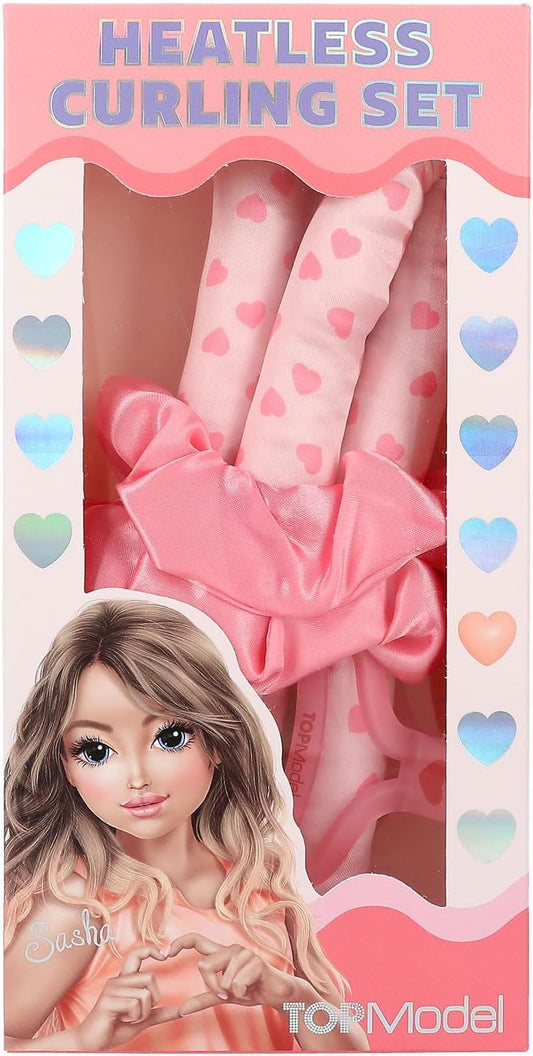 Depesche TOPModel Beauty and Me 12827 Curler Set in Pink and with Hearts Including Papilot, Hair Clip and 2 Scrunchies