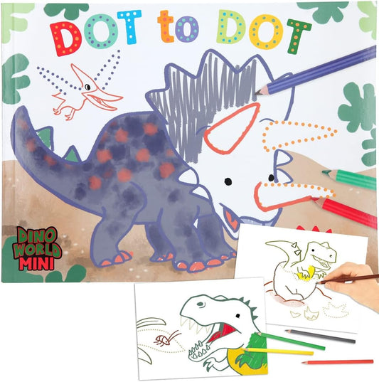 Depesche 12010 Dino World - Dot to Dot Colouring Book with 48 Pages for Designing and Colouring Many Dinosaur Motifs, Colouring Book with Pre-Printed Pictures from Partly Dotted Lines for Drawing