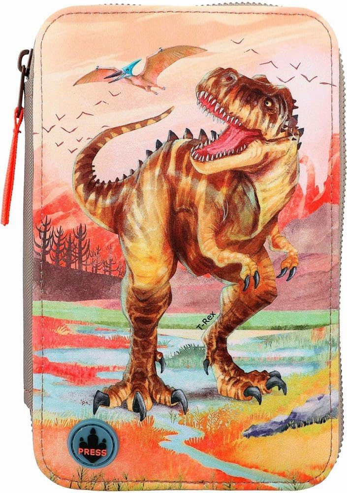 Dino World 12381 3-Compartment Pencil Case LED Khaki Brown, black