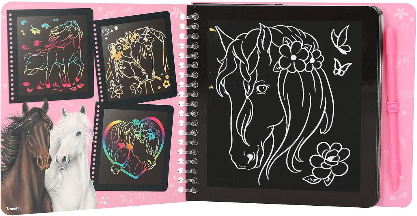 Depesche 12734 Miss Melody Mini Magic Scratch Book with Cute Horse Motifs for Scratching, Book with Colourful Gradient and Scratch Pen