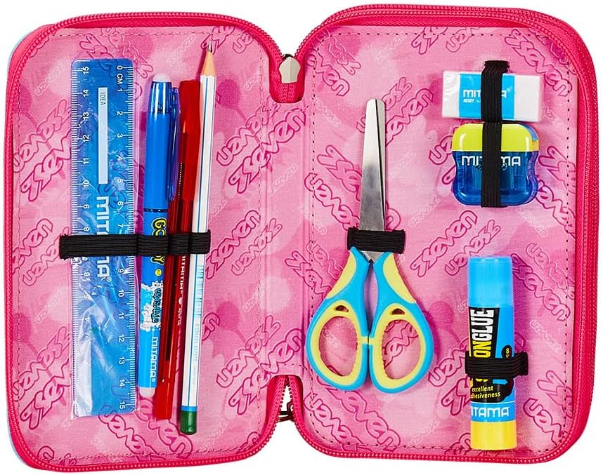 Seven Pencil Case with 3 Compartments Pink 3 Compartments Complete with Pencils, Felt Tip Pens, Colours, Accessories Backpack, Primary School, Medium, Top, Girls and Girls, Pink, Taglia Unica, School,