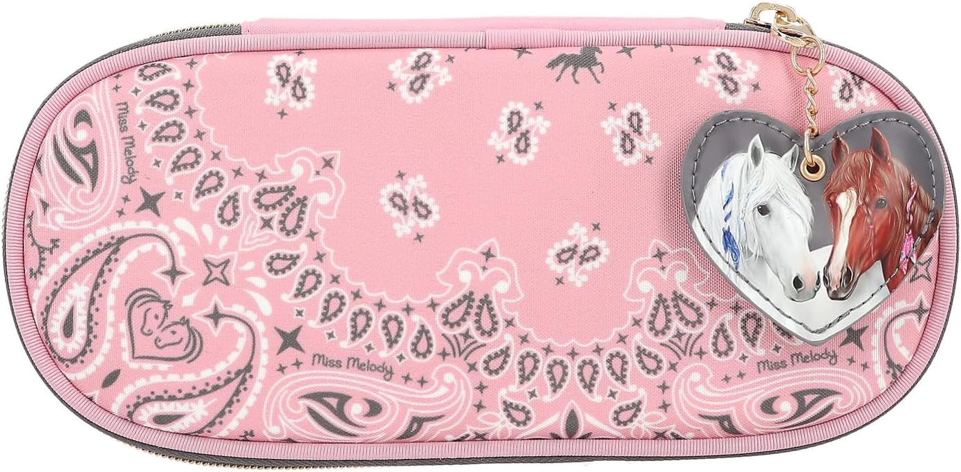 Depesche 12767 Miss Melody Bandana Pencil Case in Pink with Bandana Pattern and Pendant Pencil Case with Practical Divider Flap