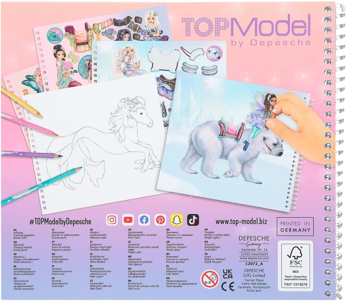 Depesche 12072 TOPModel Iceworld Create Your Fantasy Friend Colouring and Sticker Book with 24 Pages for Creating Fantastic Beings, Colouring Book with Sticker Sheet and Spiral Binding