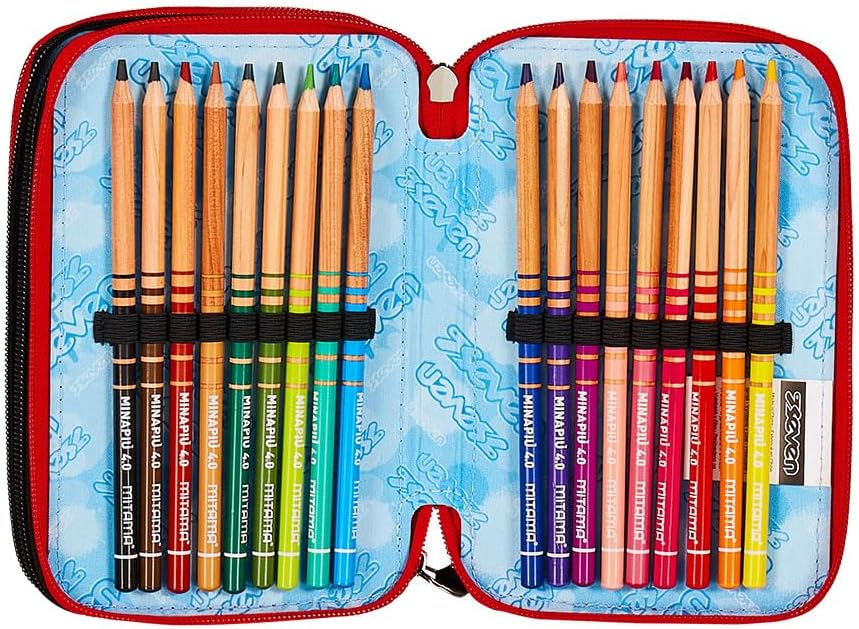 Seven Pencil Case with 3 Compartments Black 3 Compartments Complete with Pencils, Felt Tip Pens, Colours, Accessories Backpack, Primary School, Medium, Top, Kids and Boys, Black, School, black, School