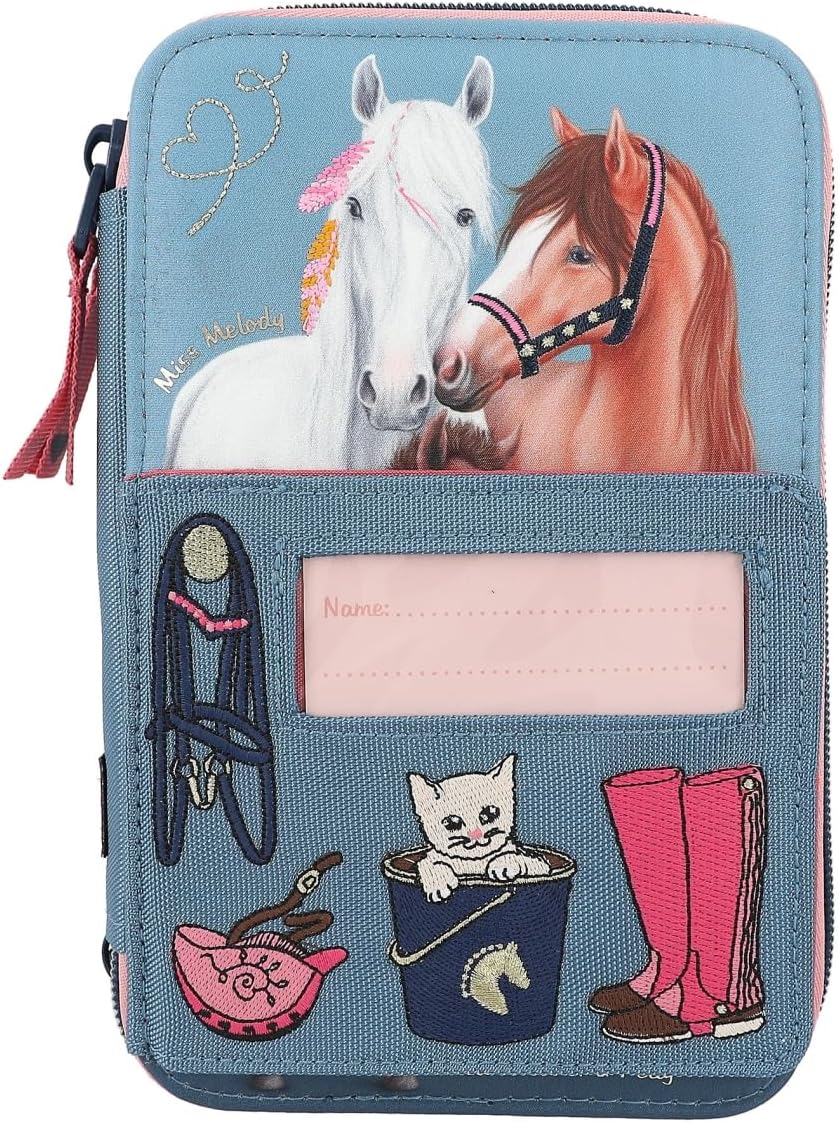 Depesche 12535 Miss Melody My Little Farm - Filled 3-Compartment Pencil Case with Embroidery Decorations and a Name Card Slot, Pencil Case with Colouring Pencils, Ruler, Scissors and Much More, blue,