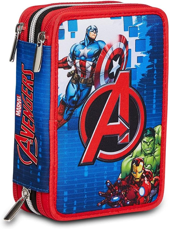 Seven Pencil Case, Multicoloured, Pencil Case for Stationery, Case with Pens, Ballpoint Pens, & More, 3 Compartments, Girls & Boys, School - Elementary School, XXL, THE AVENGERS, blue, School