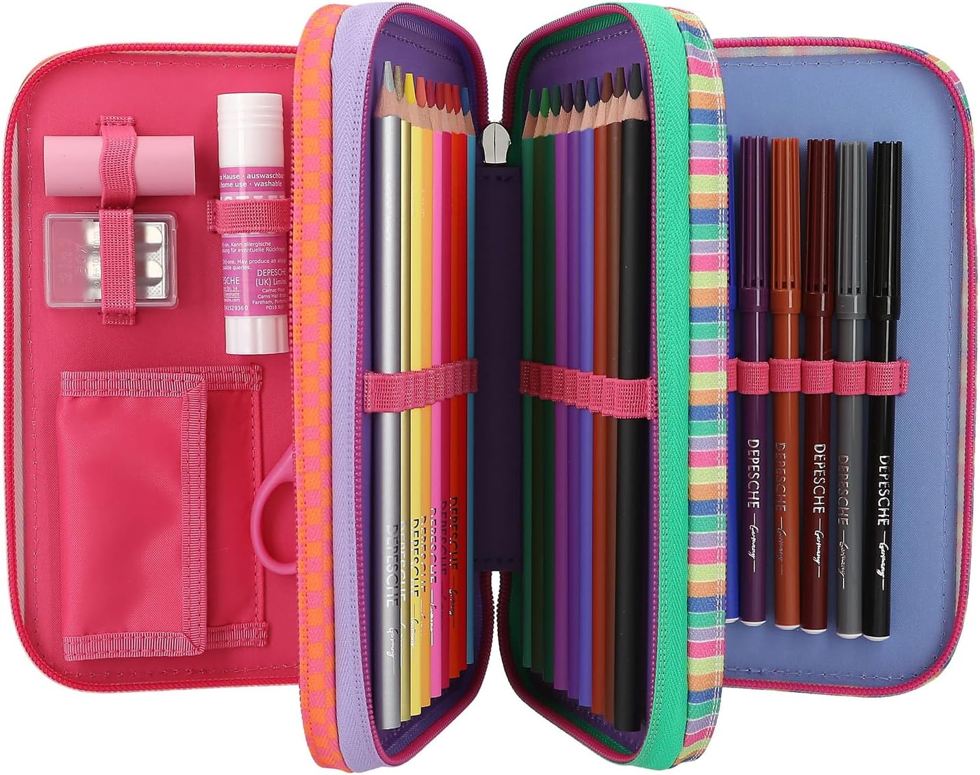 Depesche TOPModel Joy 12910 Filled 3-Compartment Pencil Case in Pink with Model Motif and Pendant, Pencil Case with Colouring Pencils, Ruler, Scissors and much more