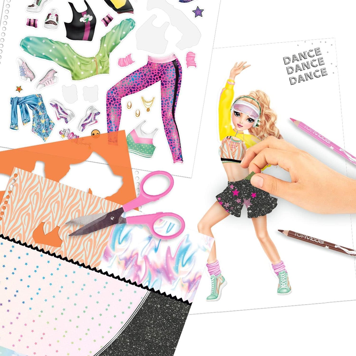 Depesche TOPModel 11877 Colouring Book Dance, Cool Dance Outfits to Design Yourself, 30 Pre-Drawn Figures, 3 Stencils, 2 Sticker Sheets and 8 Fabric Prints for Cutting Out