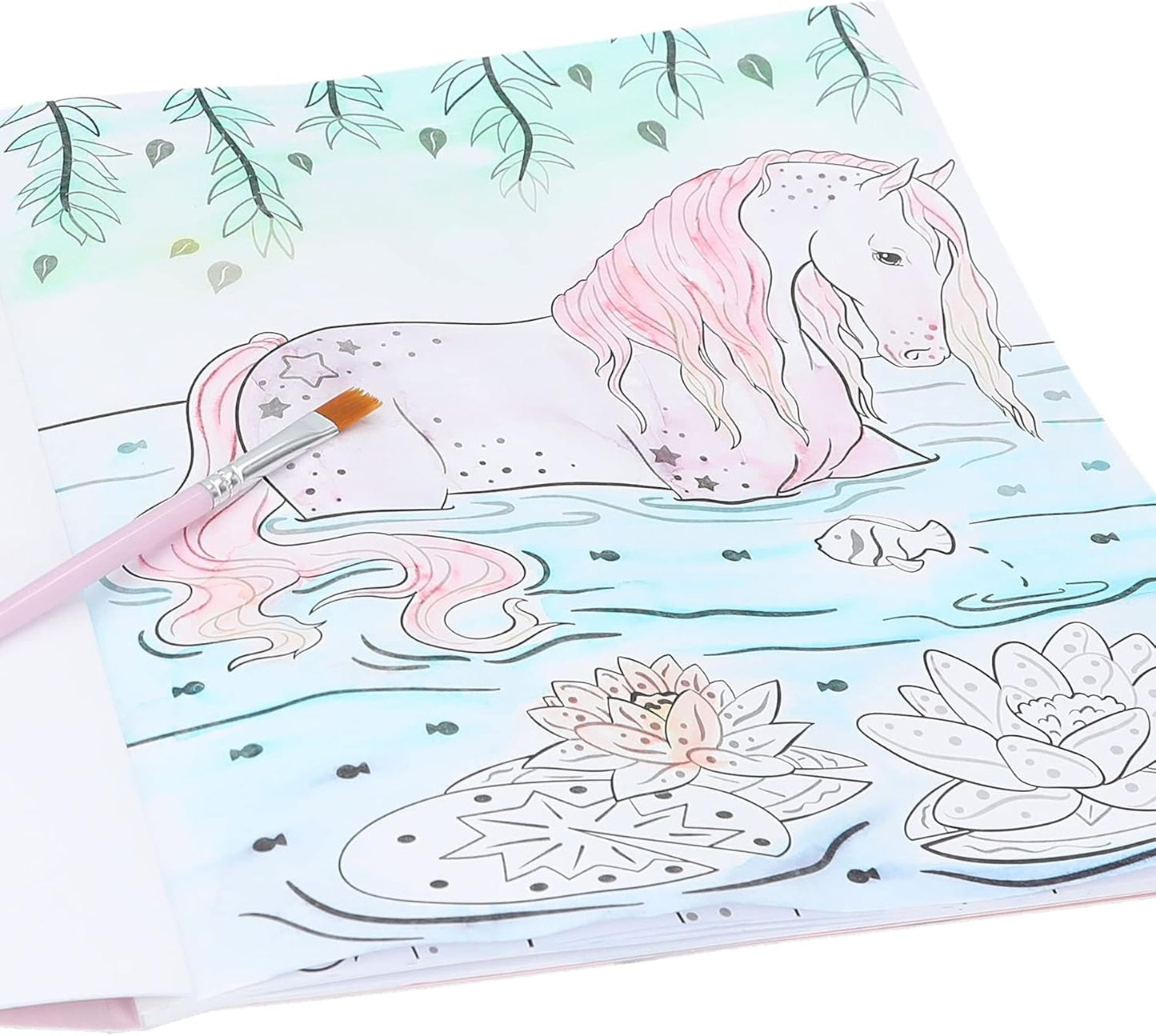 Depesche 12576 Miss Melody Watercolour Book, Colouring Book with Brush and 30 Horse Motifs to Paint with Water