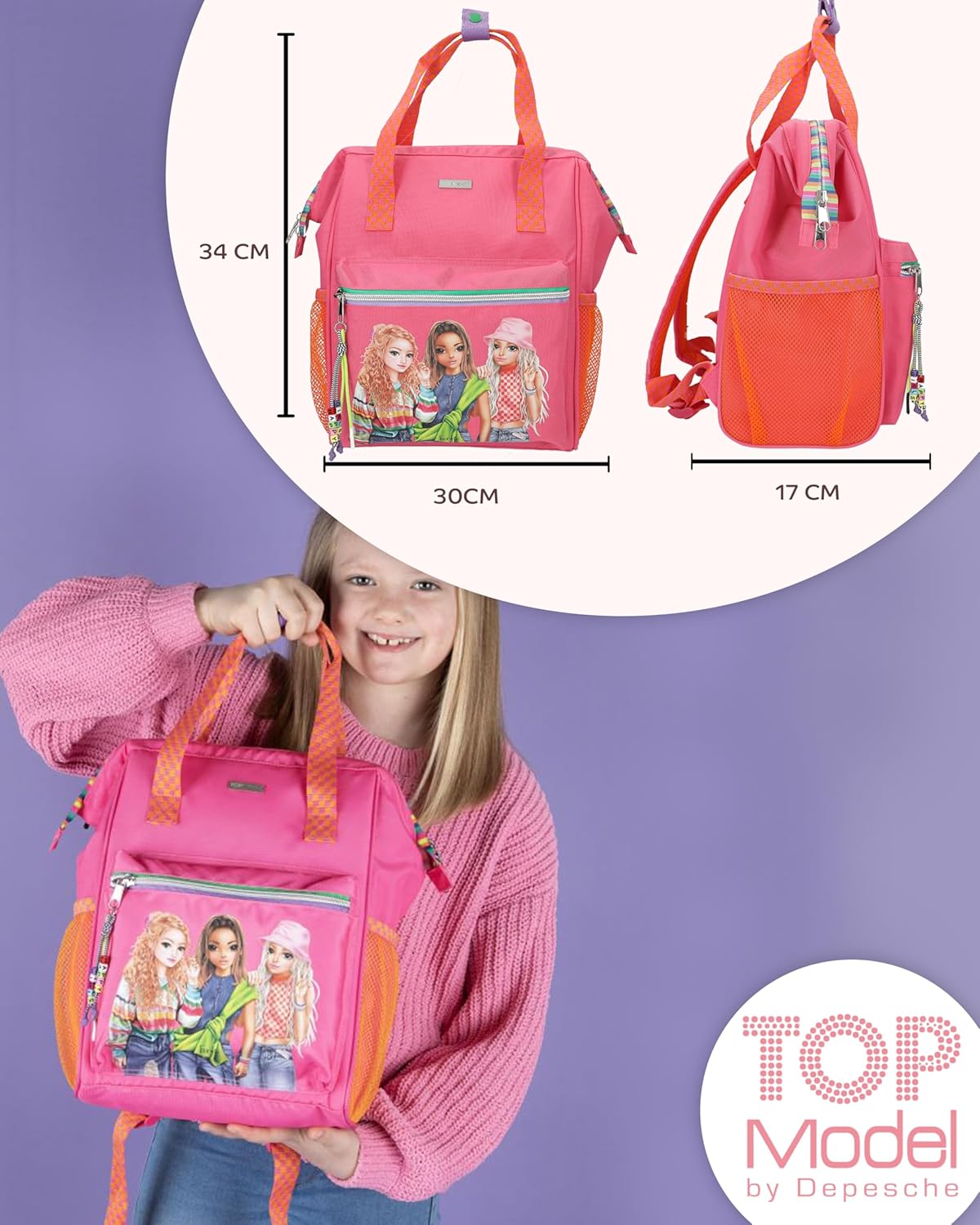 Depesche TOPModel Joy Backpack, Pink and Orange, Model Motif, Colourful Details, Adjustable Straps and TOPModel Timetable and Colouring Sheet, Pink, orange