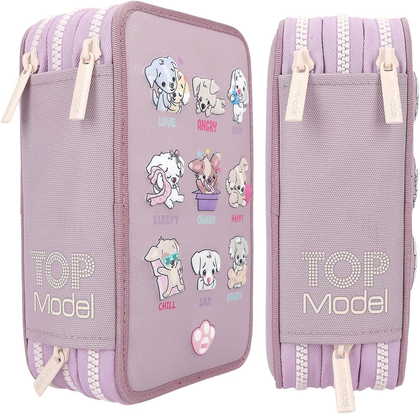 Depesche 12843 TOPModel - Filled 3-Compartment Pencil Case in Purple, with LED and Dog Motifs, Pencil Case with Colouring Pencils, Ruler, Scissors and Much More