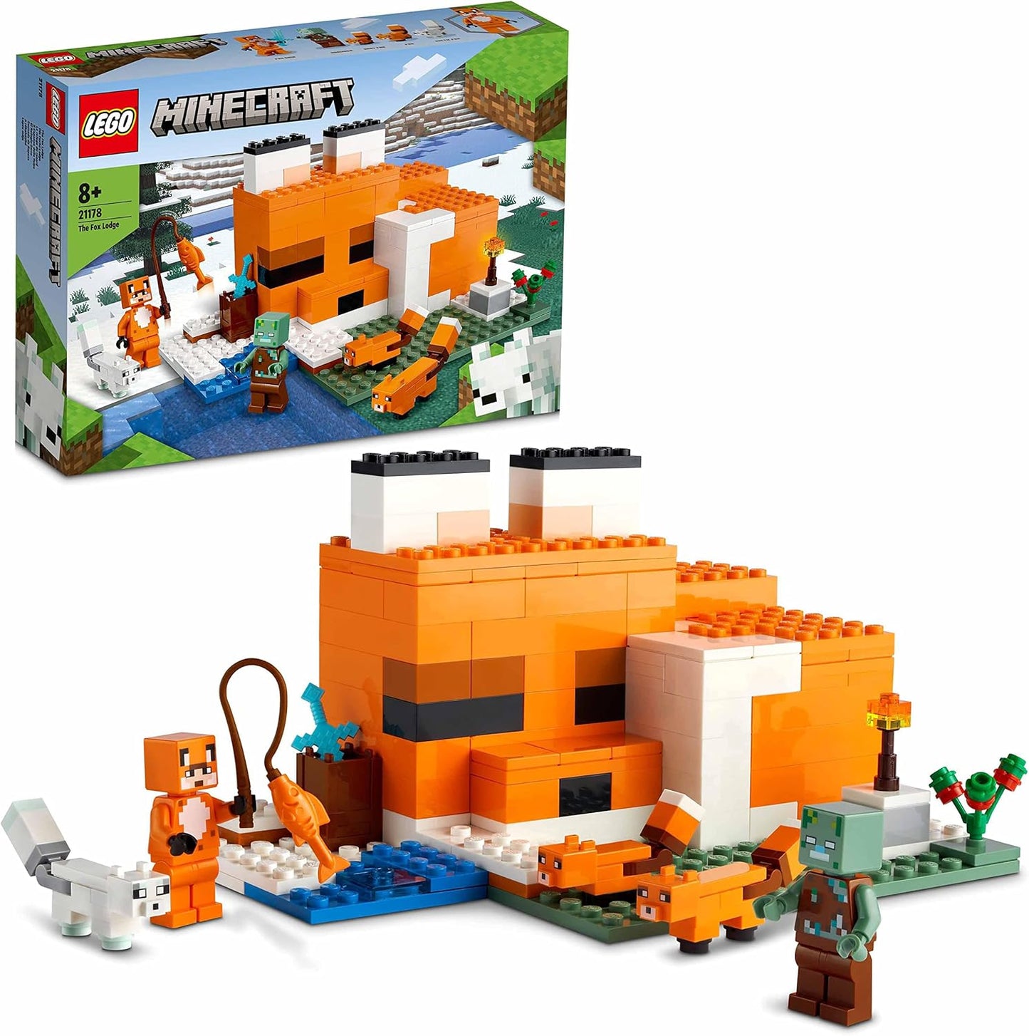 LEGO 21178 Minecraft The Fox Lodge, toy for children from 8 years with figures of drowned zombie and animals, children's toy.