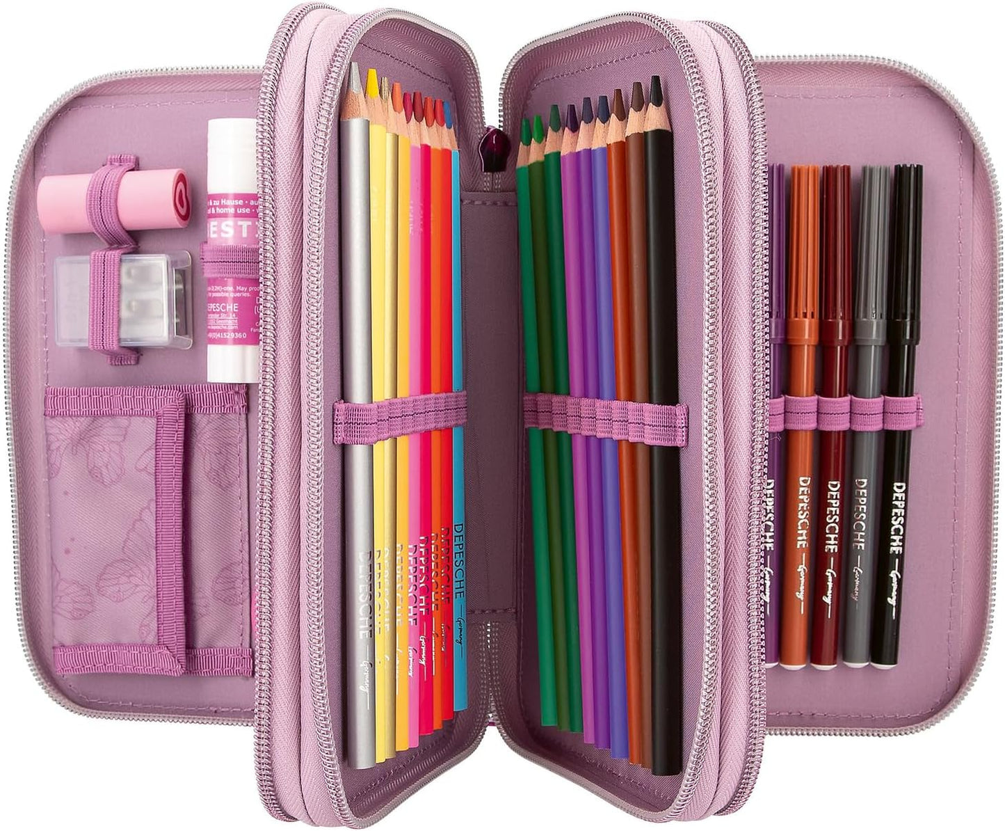 Depesche 12775 TOPModel Fairy Love - Filled 3-Compartment Pencil Case in Mauve with Model Motif and Butterflies, Pencil Case with Colouring Pencils, Ruler and much more