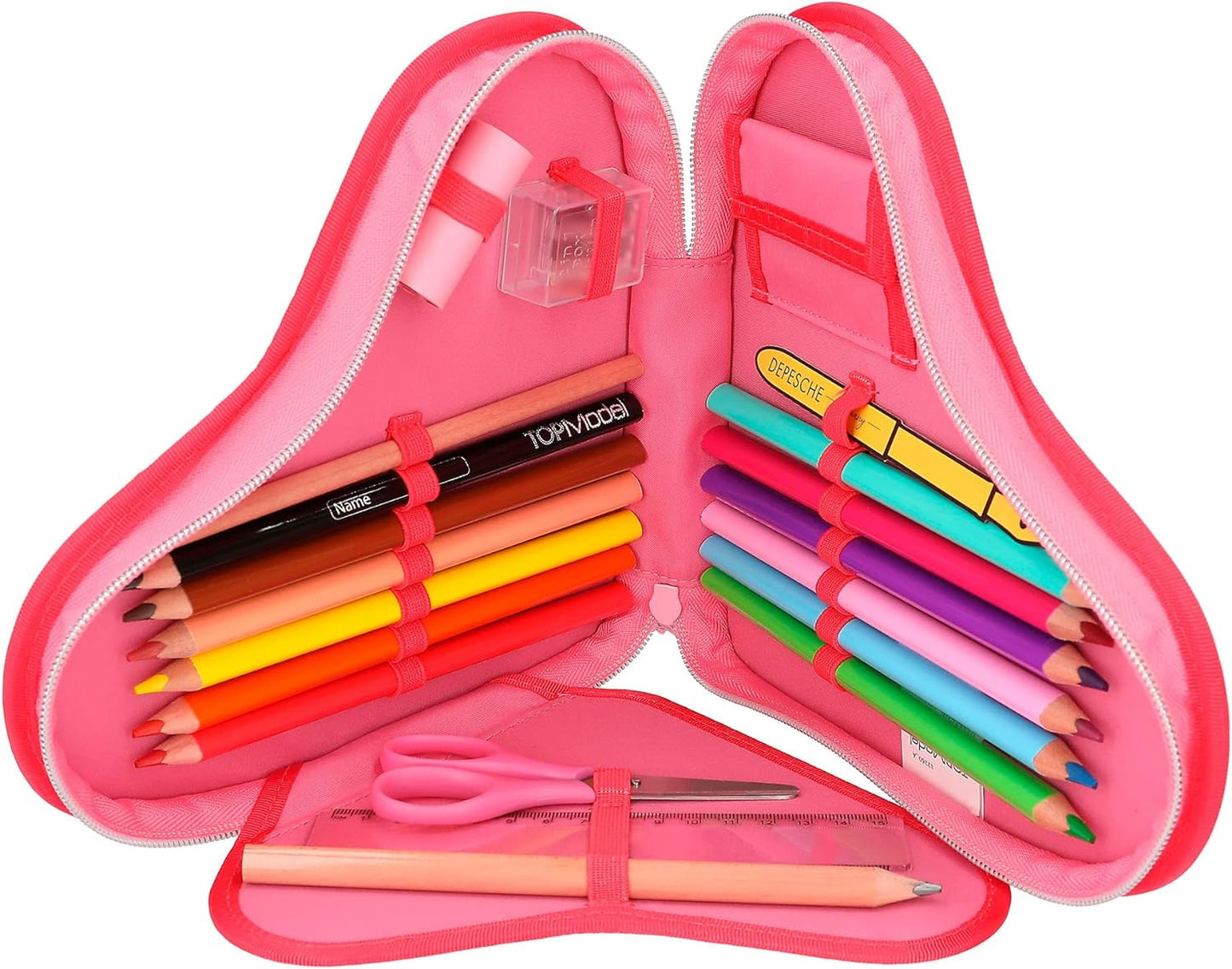 Depesche 12260 TOPModel One Love Filled Heart Pencil Case in Red with Model Motif and Glitter, Pencil Case with Coloured Pencils, Scissors, Ruler and Much More, Pink