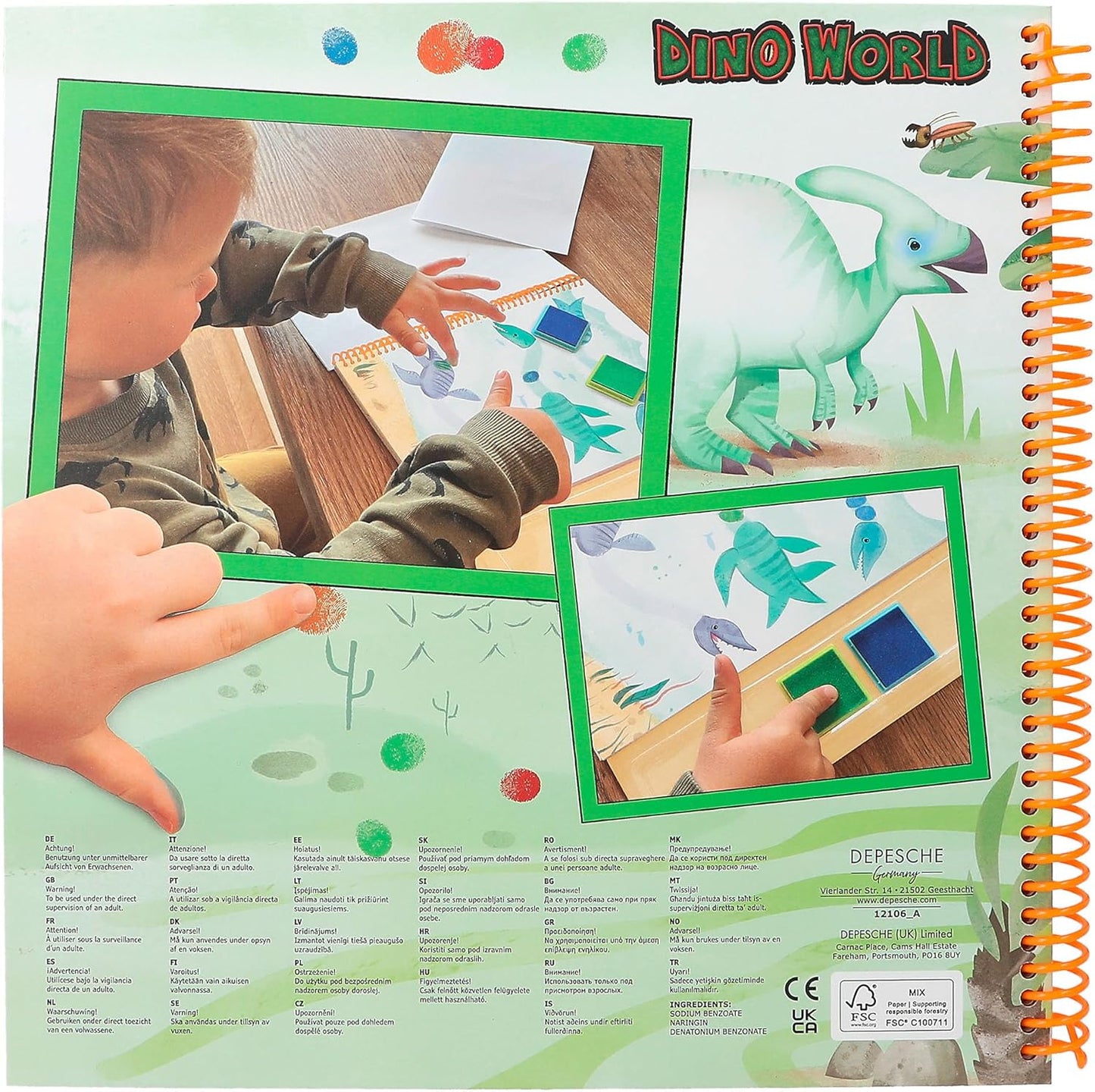 Depesche 12106 Dino World Fingerprint Fun Colouring Book with 4 Ink Pads for Colouring with Your Fingers