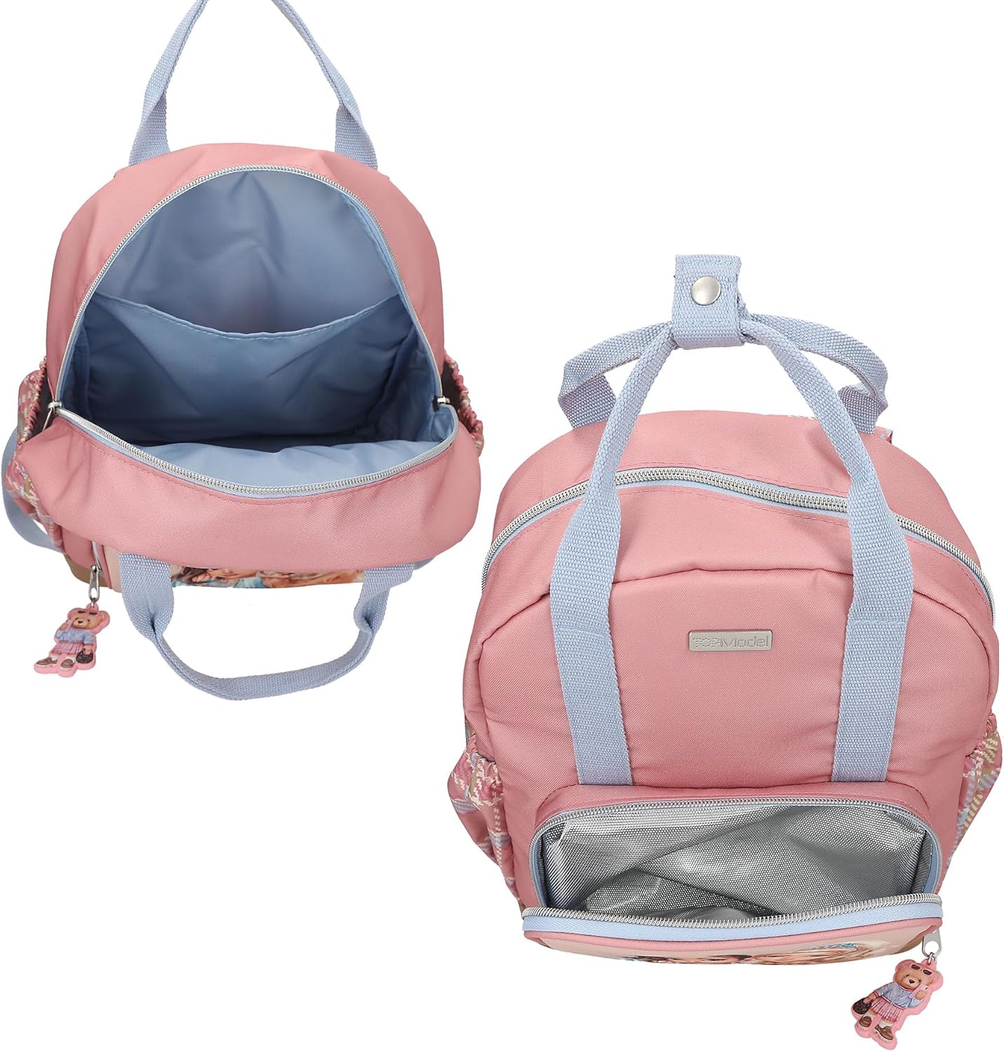 Depesche 13012 TOPModel Team Teddy Backpack in Pink, Beige and Blue, with Model Motif and Pendant, Bag with Adjustable Straps and Thermal Compartment