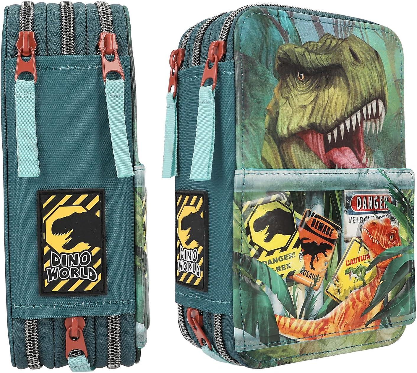 Depesche 11757 Dino World Danger-Filled 3-Compartment Pencil Case with Trex Motif, Dark Green Pencil Case with Colouring Pencils, Ruler, Scissors and Much More, Blue [Toy]