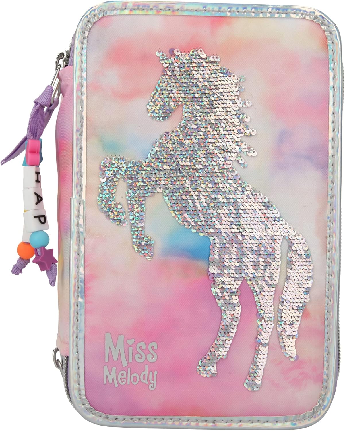 Depesche 11074 Miss Melody - Filled 3-compartment pencil case with horse motif made of string sequins, pink pencil case approx. 7.5 x 13 x 20 cm, with felt and coloured pencils, ruler, scissors, glue,