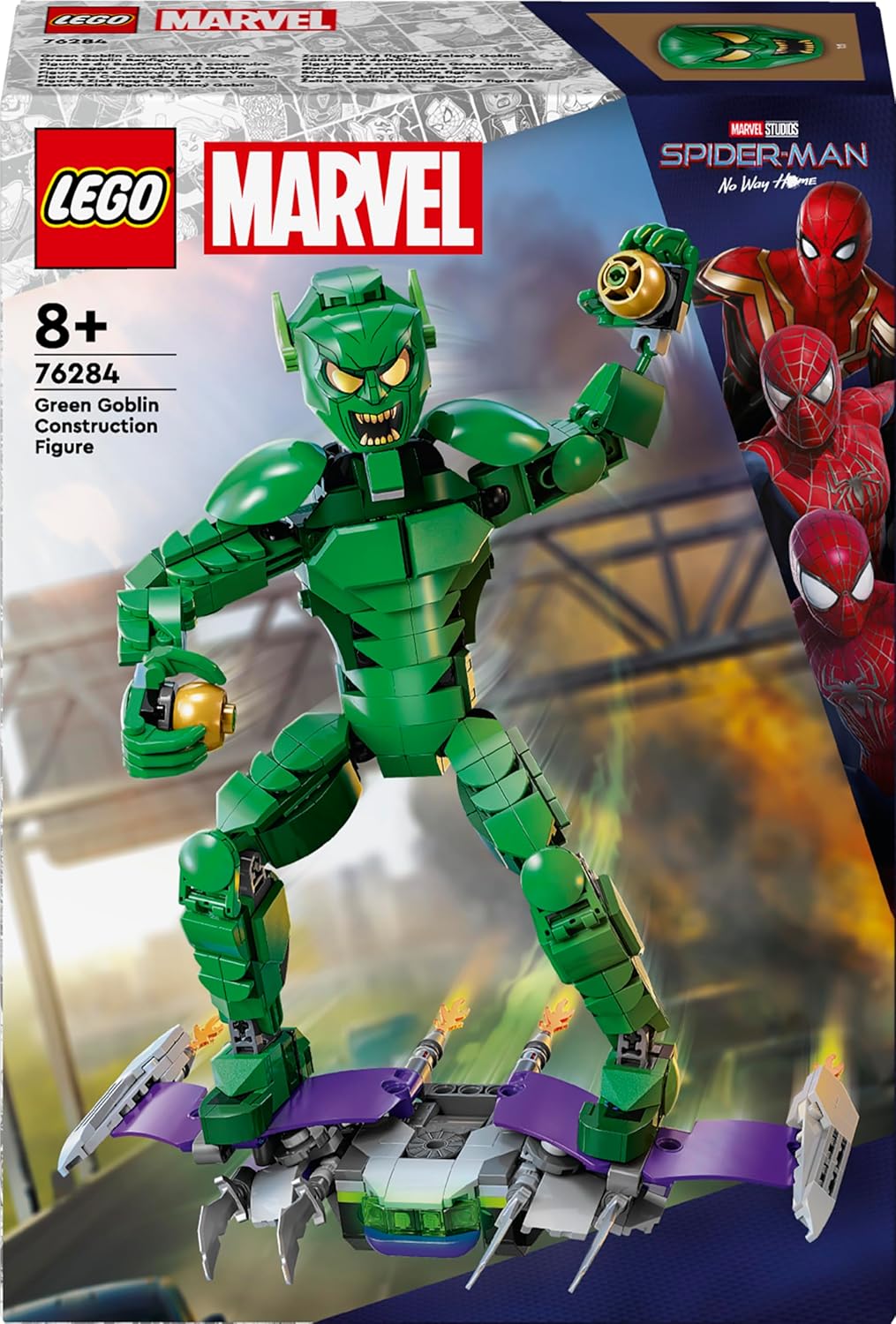 LEGO Marvel Green Goblin Construction Figure, Movable Super Villain Construction Toy for Children from 8 Years, Boys & Girls, Spider-Man Universe Set with Glider & Pumpkin Bombs, Superhero Gift Idea