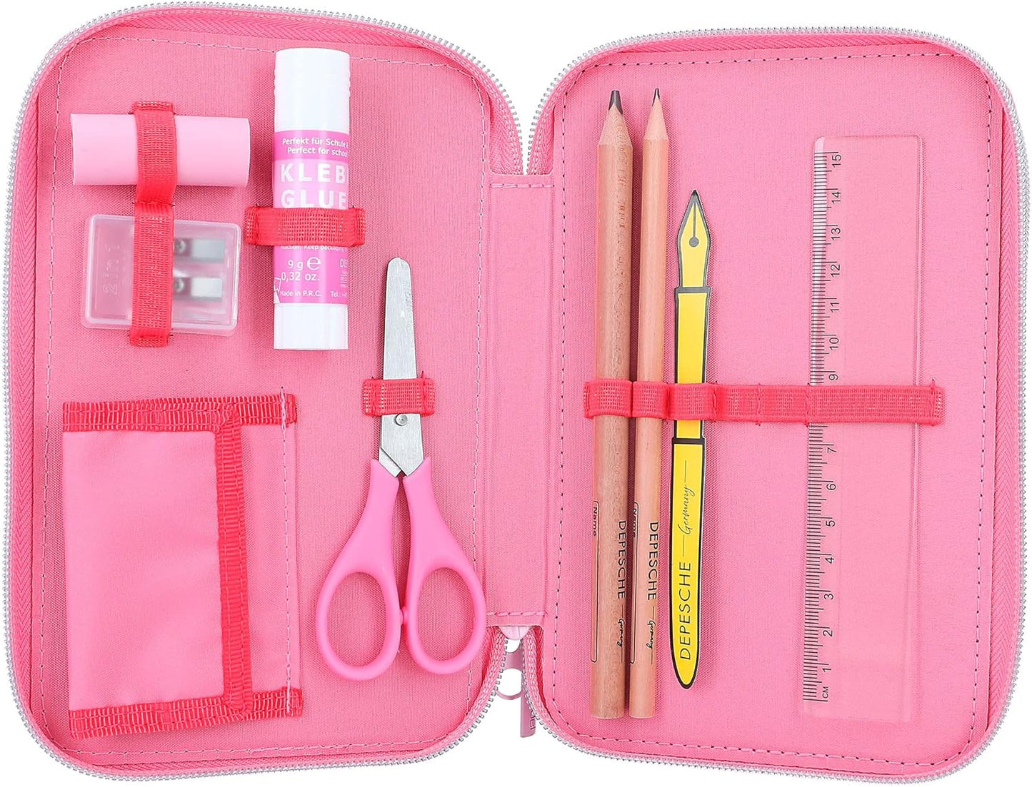 Depesche 12258 TOPModel One Love Filled 3-Compartment Pencil Case with Hearts in Red and Pink, Pencil Case with Coloured Pencils, Ruler, Scissors and Much More, Pink