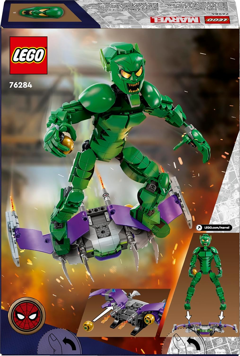 LEGO Marvel Green Goblin Construction Figure, Movable Super Villain Construction Toy for Children from 8 Years, Boys & Girls, Spider-Man Universe Set with Glider & Pumpkin Bombs, Superhero Gift Idea