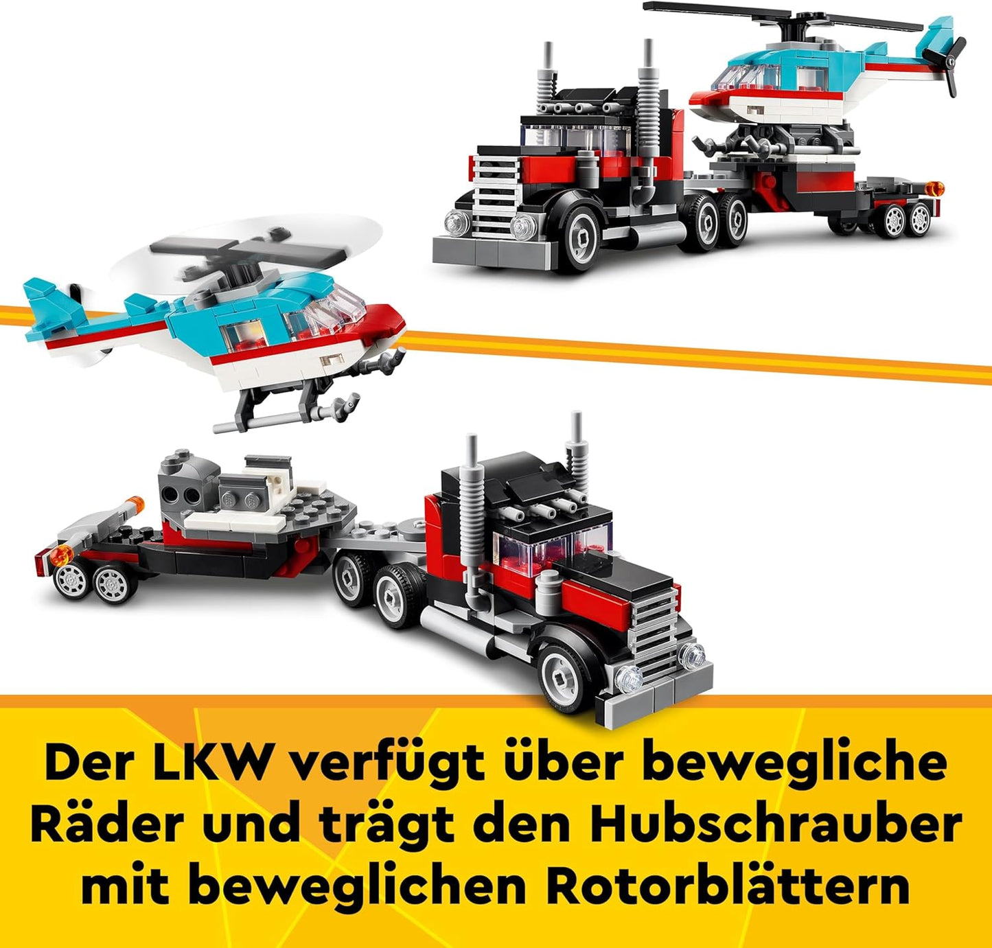 LEGO Creator 3-in-1 Low Loader with Helicopter, Vehicle Set with Helicopter and Truck Toy, Plane and Tank Truck, Hot Rod and SUV, Gift for 7 Year-Old Boys and Girls, 31146