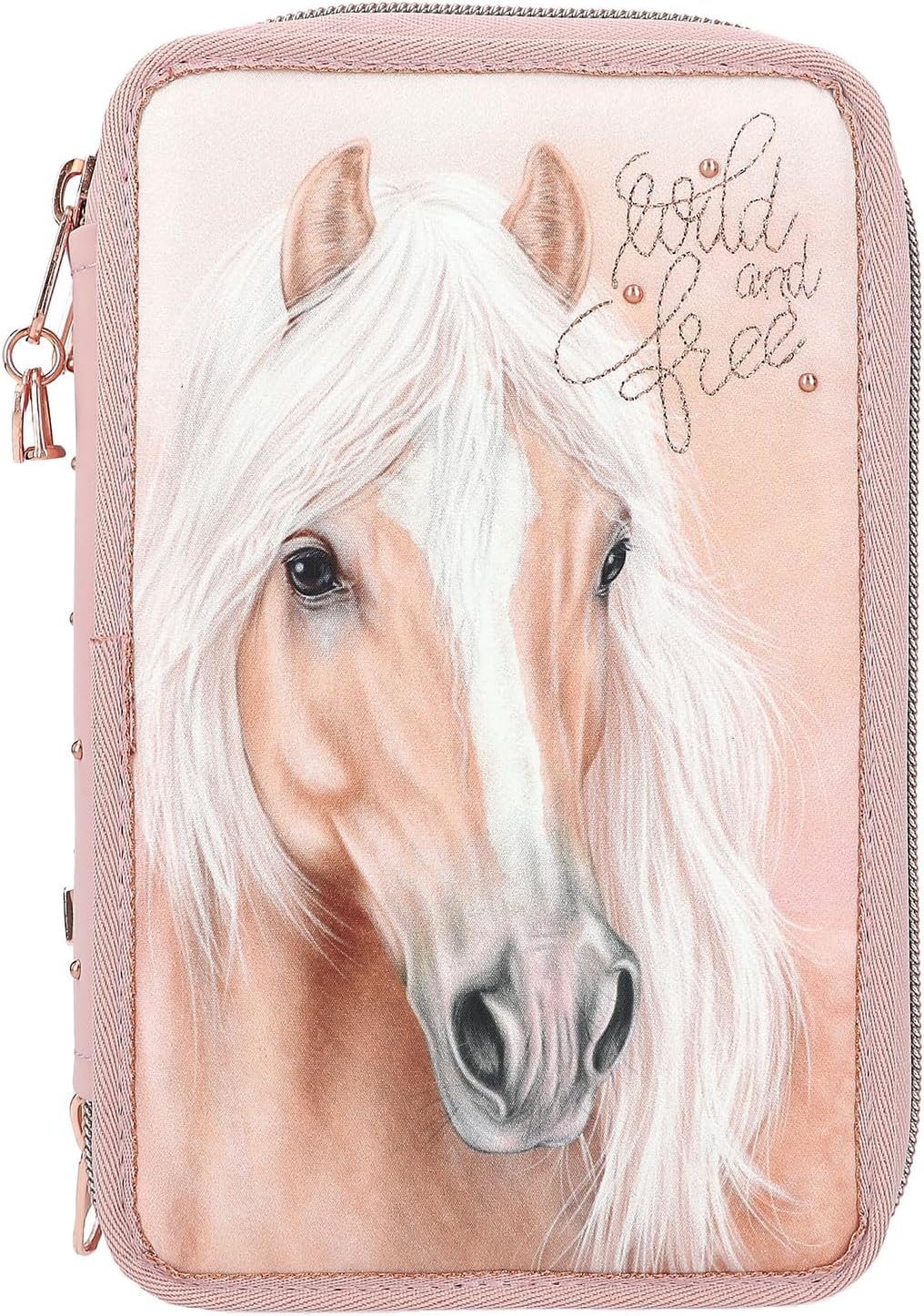 Depesche 11773 Miss Melody Romantic - Filled 3-Compartment Pencil Case in Pink with Horse Motif, Pencil Case with Coloured Pencils, Ruler, Scissors and much more