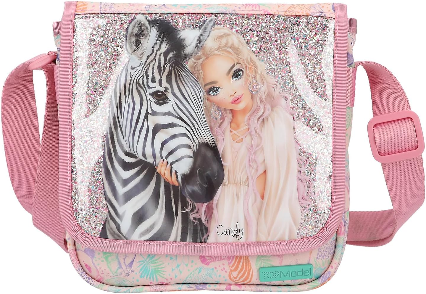 Depesche TOPModel Wild 12789 Small Shoulder Bag in Pink with Model Motif and Colourful Animal Pattern, Bag with Adjustable Shoulder Strap and Front Flap