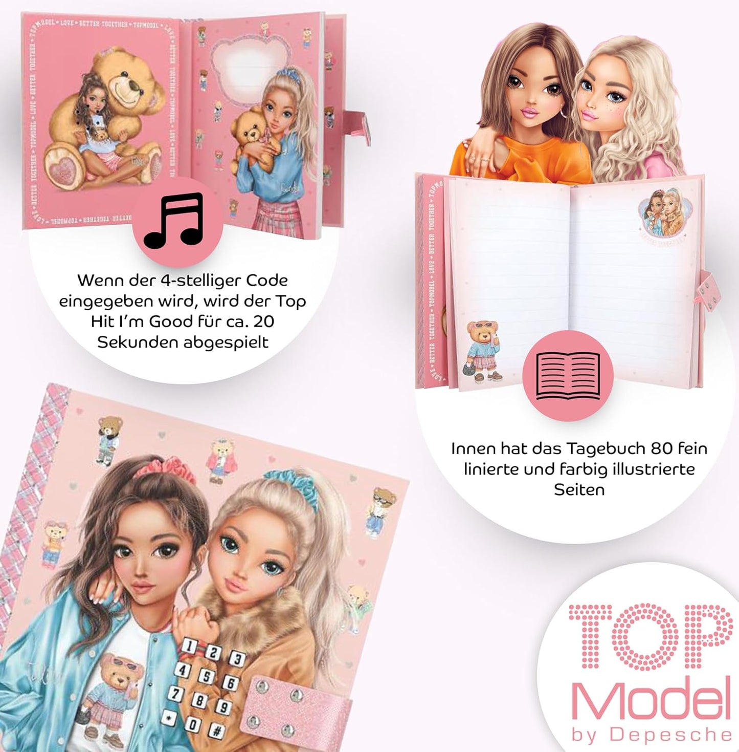 Depesche TOPModel Secret Code Diary with Sound Team Teddy & TOPModel Pocket Colouring Book - Ideal for Little Fashion Fans and Creative Minds!