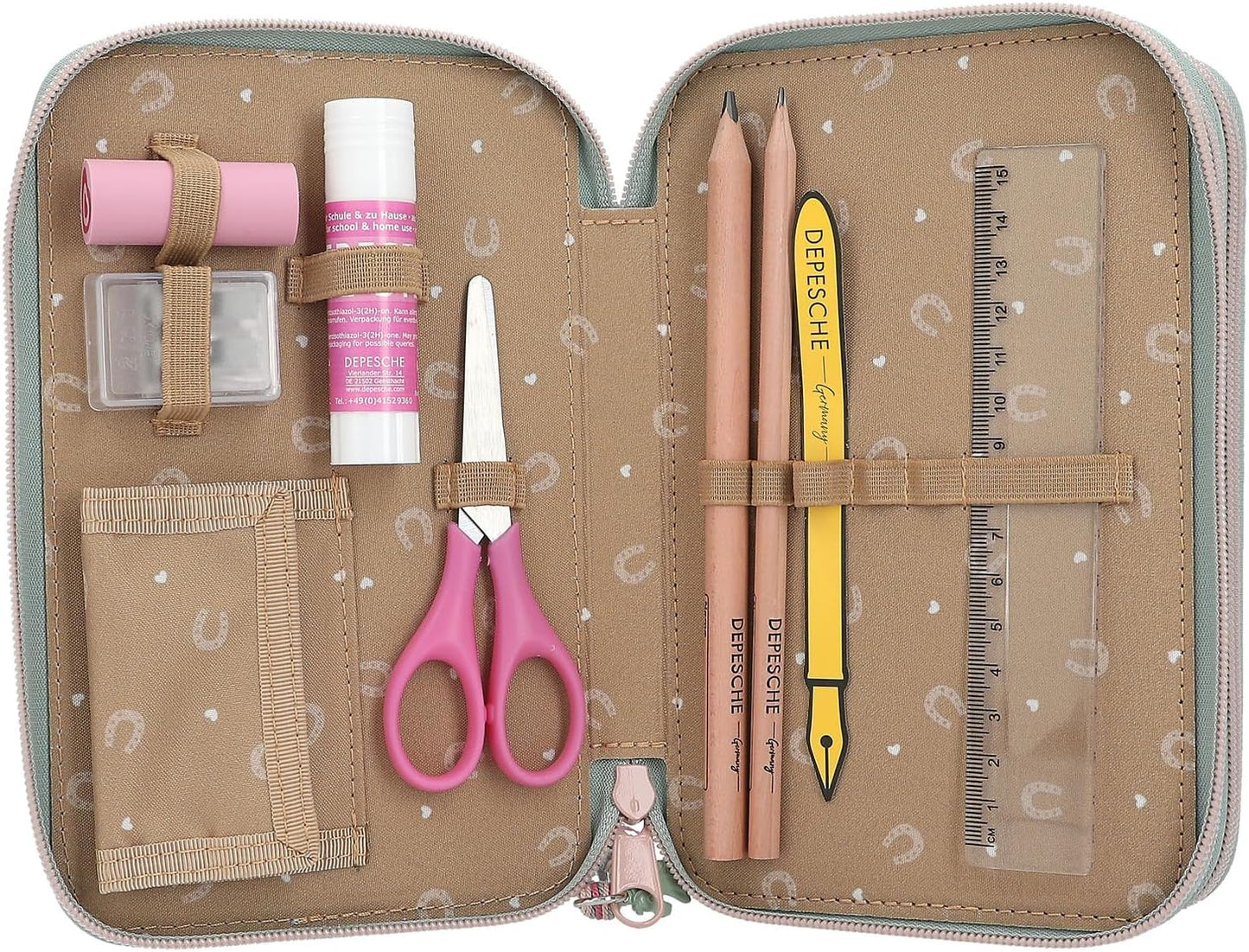 Depesche 13121 Miss Melody Hoof Clatter - Filled 3-Compartment Pencil Case in Pale Green with Horse Motif, Pencil Case with Colouring Pencils, Ruler, Scissors and Much More