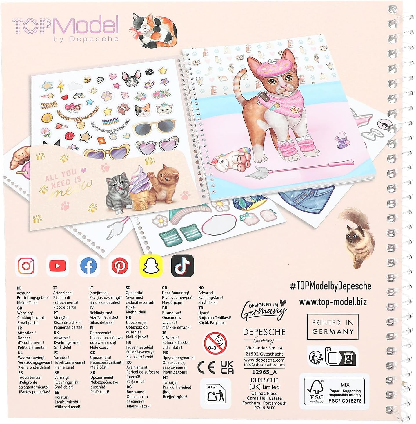 Depesche 12965 TOPModel Kitty Dress Me Up Sticker Book with 24 Pages of Pre-Printed Cat Motifs to Design Yourself Includes 11 Sticker Sheets