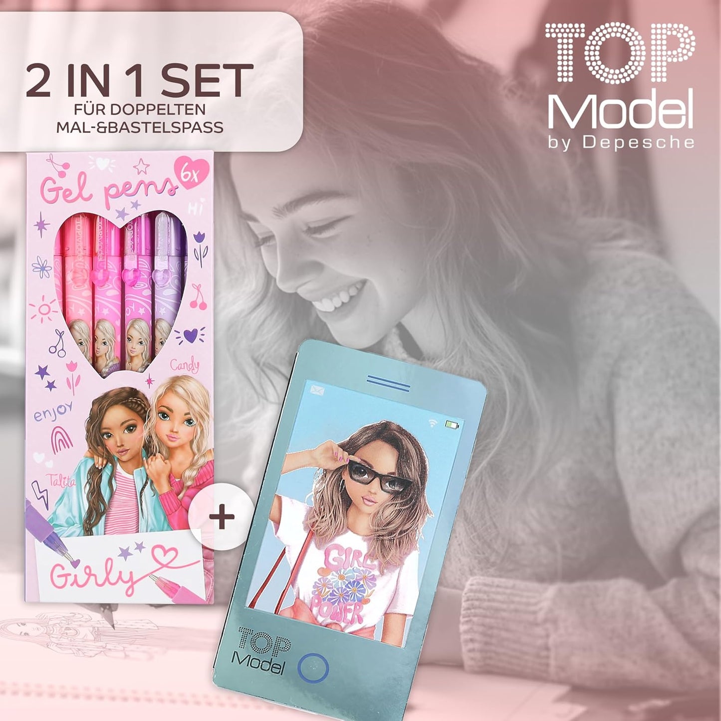 Depesche TOPModel Girly Gel Pen Set + Mobile Notebook with Wobble Image - Creative Writing and Colouring Set for Girls, with Colourful Gel Pens and Trendy Notebook with 3D Wobble Effect