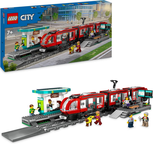 LEGO City tram with stop, gift idea for fans of vehicle toys from 7 years, with 6 mini figures and a guide dog for role play, building toy 60423